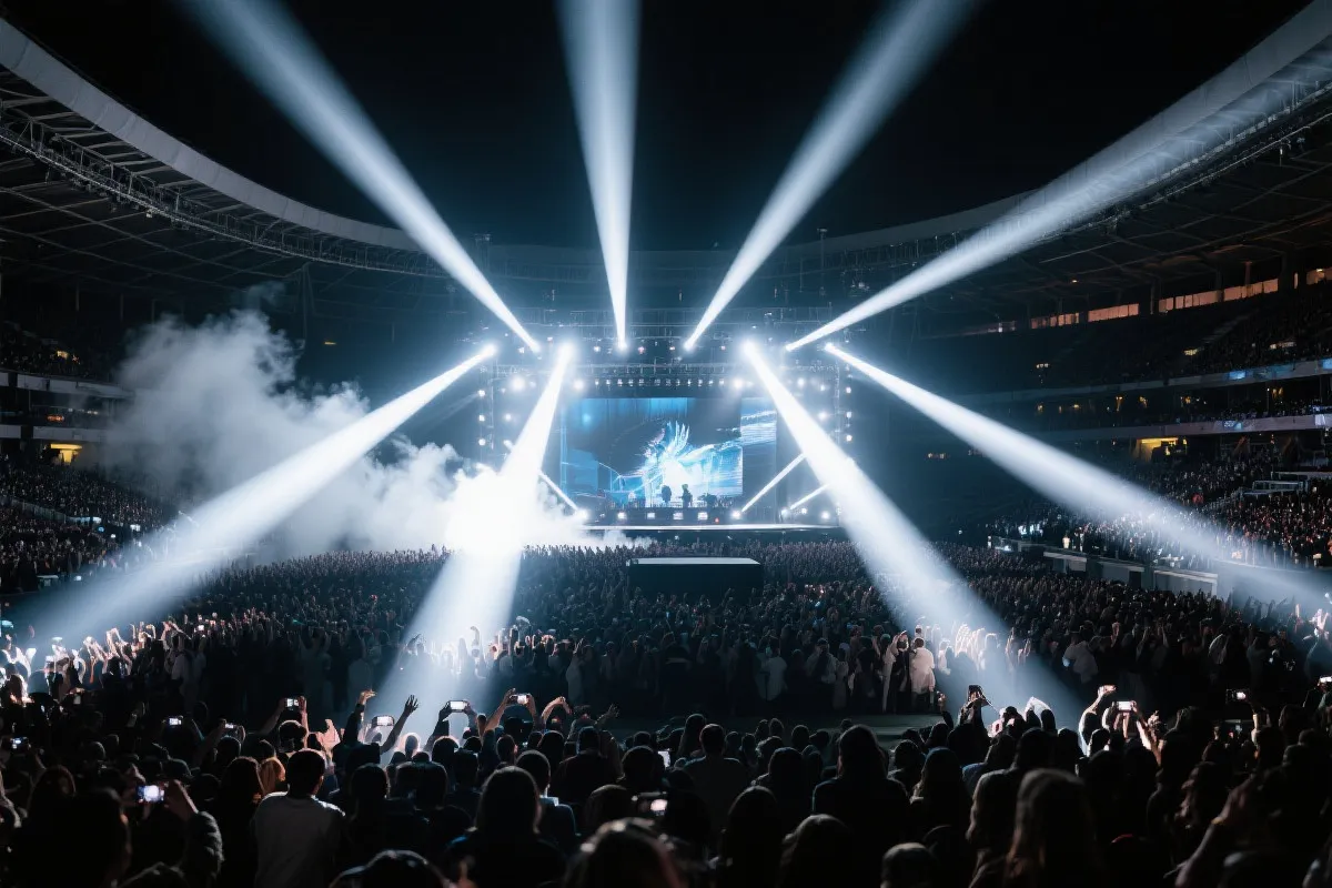 大型舞台灯光与观众人潮的首发现场氛围，象征世界杯主题曲全球发布的仪式感